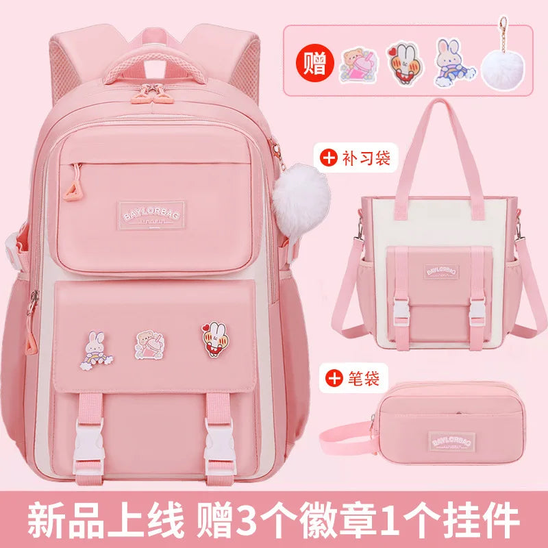 3-piece Set Free Pendant New Middle High School Student Schoolbag Girl Grade Large-capacity Burden-reducing Children's Backpack
