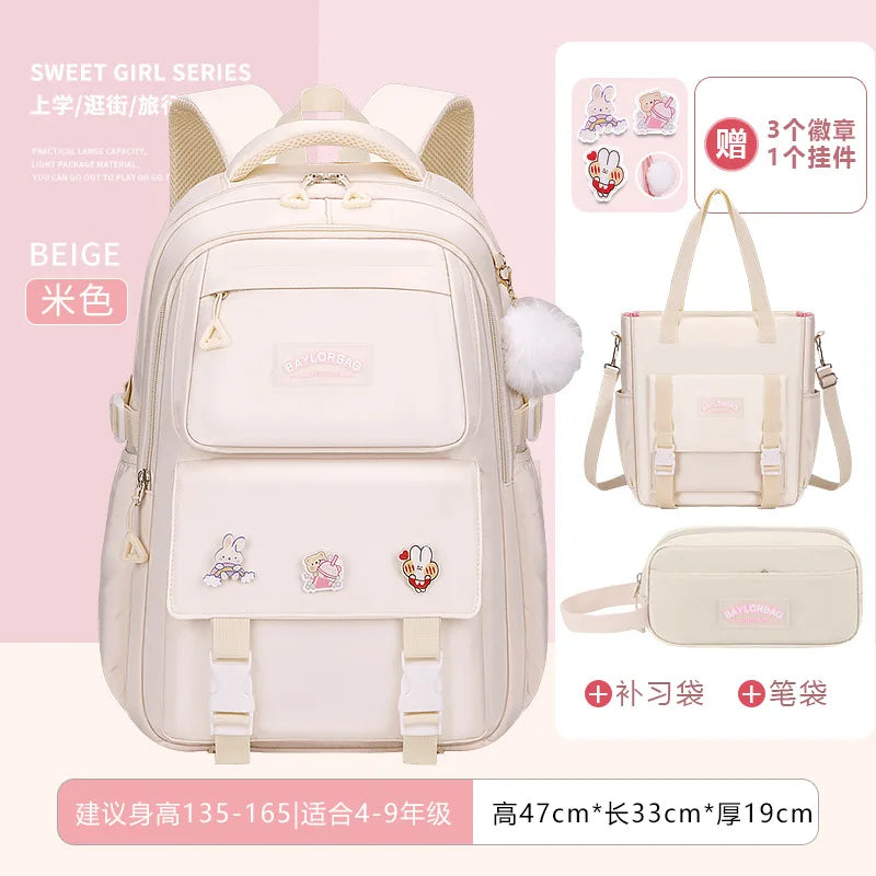 3-piece Set Free Pendant New Middle High School Student Schoolbag Girl Grade Large-capacity Burden-reducing Children's Backpack