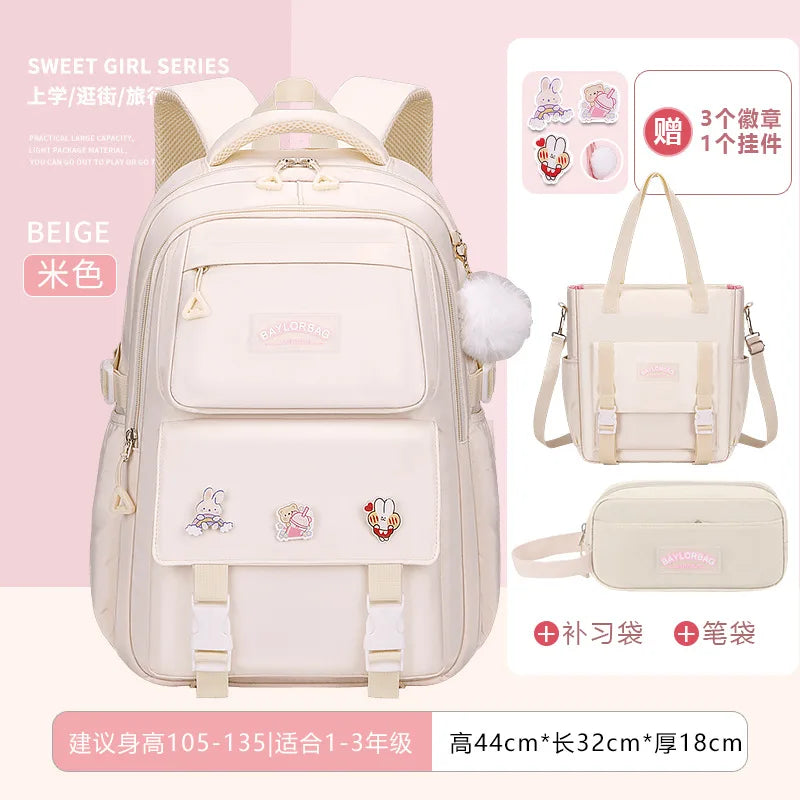 3-piece Set Free Pendant New Middle High School Student Schoolbag Girl Grade Large-capacity Burden-reducing Children's Backpack