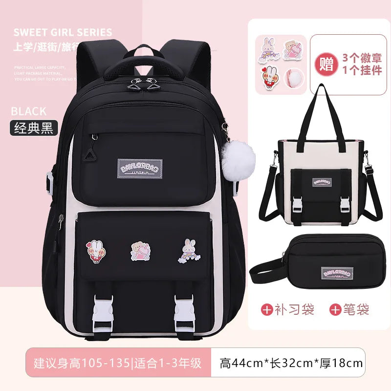 3-piece Set Free Pendant New Middle High School Student Schoolbag Girl Grade Large-capacity Burden-reducing Children's Backpack