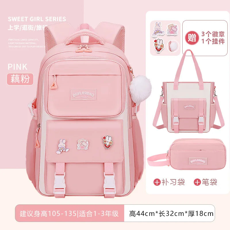 3-piece Set Free Pendant New Middle High School Student Schoolbag Girl Grade Large-capacity Burden-reducing Children's Backpack