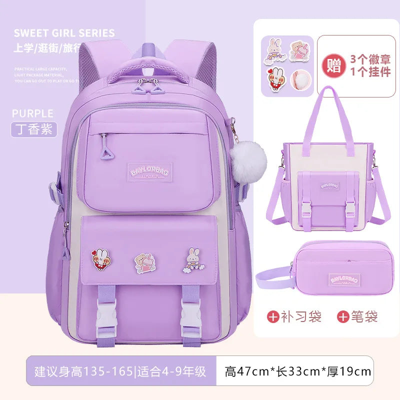3-piece Set Free Pendant New Middle High School Student Schoolbag Girl Grade Large-capacity Burden-reducing Children's Backpack